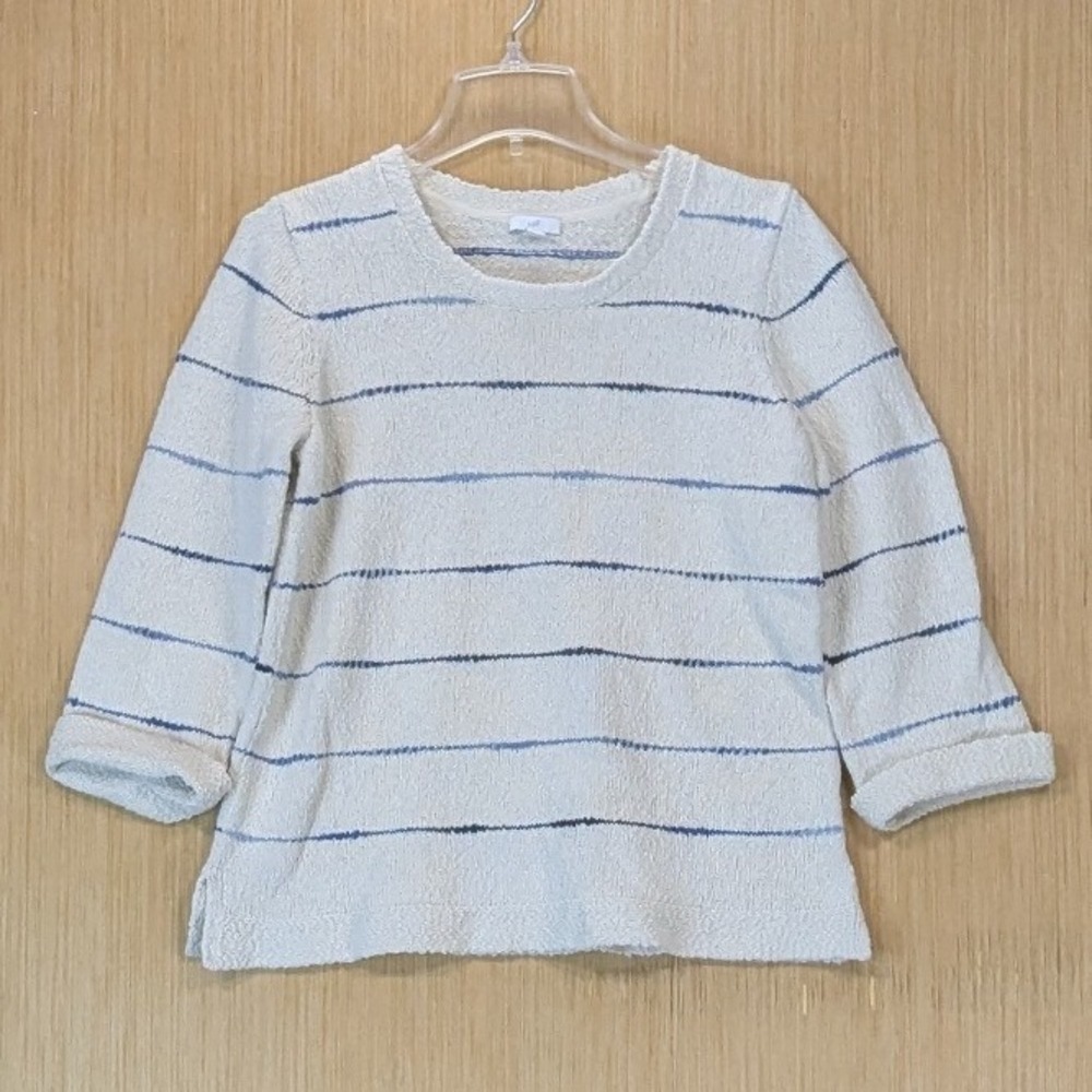 J Jill Sweater Womens Medium Cream Stripe‎ Textured Knit Coastal Grandma Cozy
